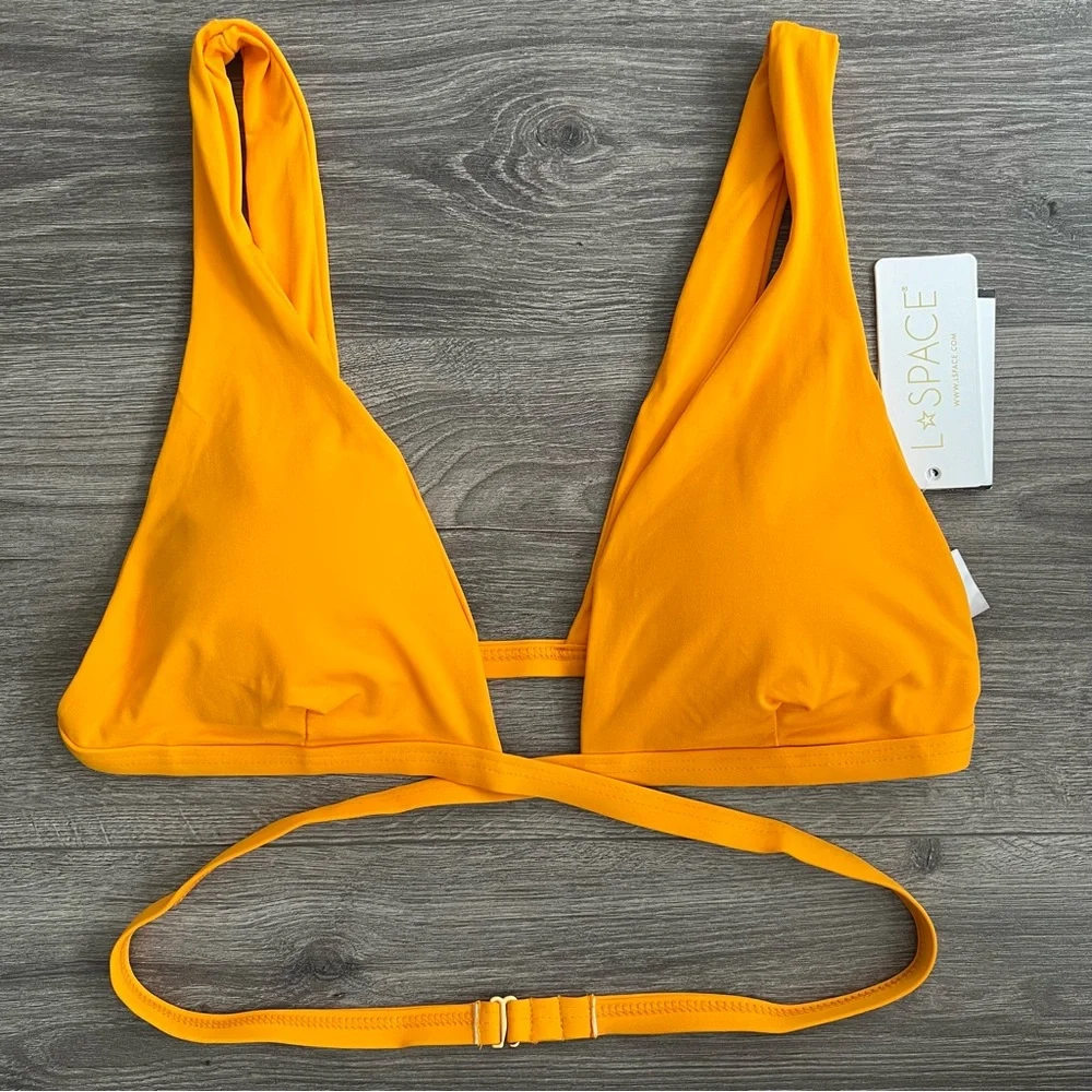 L*SPACE Avery Bikini Top Large Mango Orange Wrap Around Swimwear Retro 70s Beach